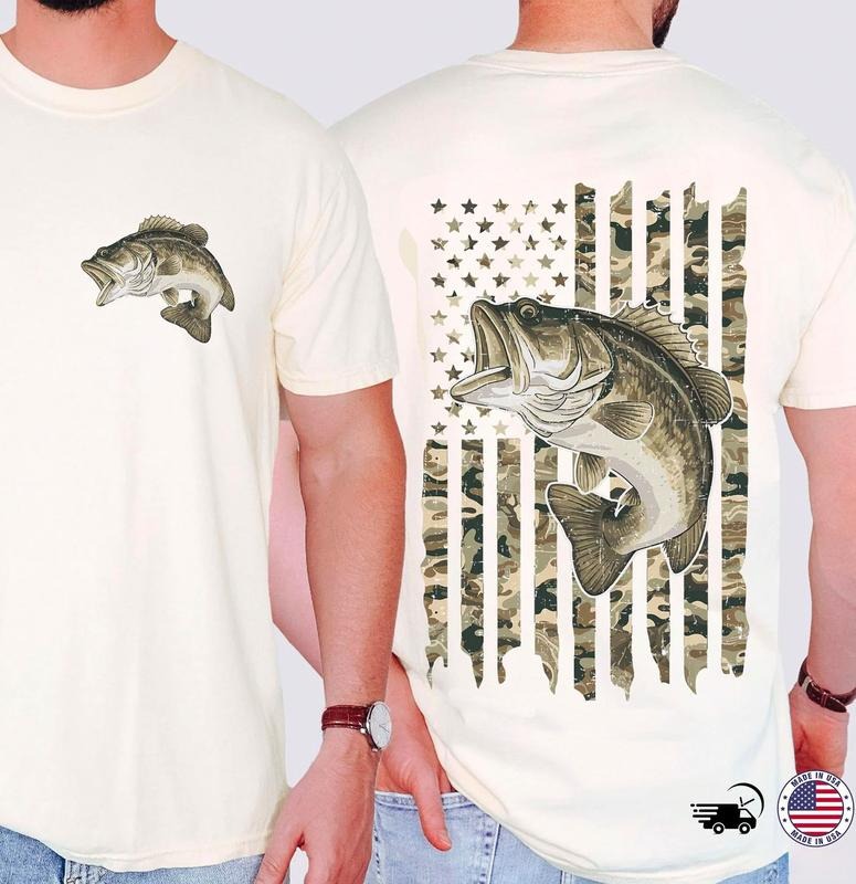 Bass Camo Fish Flag Shirt Fishing Two-sided T-Shirt For Men, Camo Patriotic Tee, Gift For Dad, Fisherman Outdoors Shirt,...
