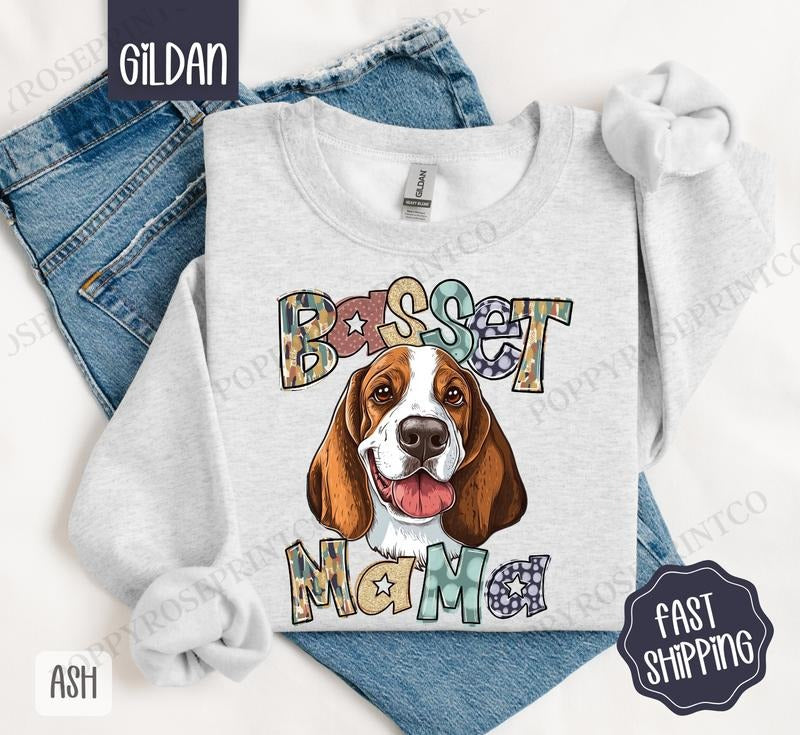 Basset Hound Mama Sweatshirt, Women's Crewneck, Cute Dog Mom Women's Sweatshirt T-Shirts, Hoodie | PrintMintTees.com