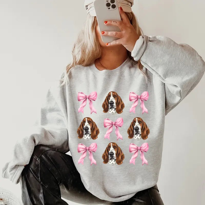 Basset Hound with Bows Sweatshirt ~ Sweatshirt Unisex Apparel Relaxed Fit Printed in the USA Clothing Womenswear Casual...