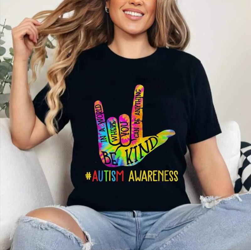 Be Kind ASL Love Sign Language Hand Autism Awareness Tie Dye T-Shirt , Cotton 100%, Top Womenswear Hoodie Sweatshirt