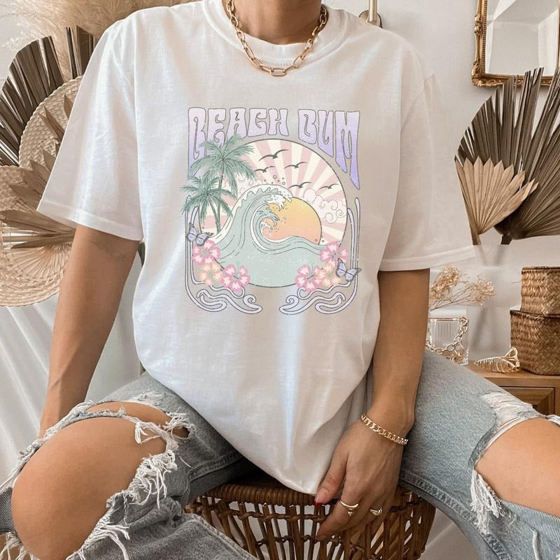 Beach B Summer Shirt, Gift For Her, Beach Waves Tee, Retro Beach Vibes T-shirt, Summer Sunset Pastel Shirt Full Color...