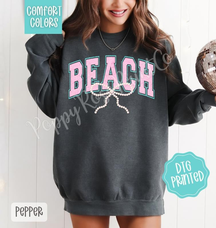 Beach Bow Comfort Colors Sweatshirt, Cute Summer Sweater, Girly Beach Crewneck T-Shirts, Hoodie | PrintMintTees.com