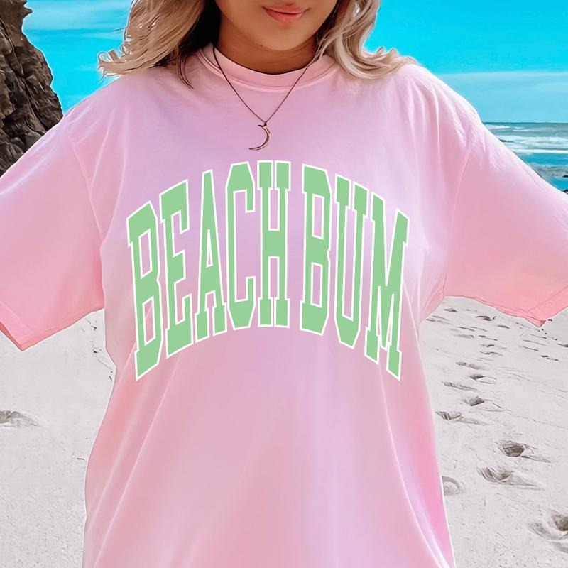 Beach Bum College T-shirt, Casual Oversized Cotton Shirt for the Beach Comfort Fabric Top Womenswear Underwear Lady...