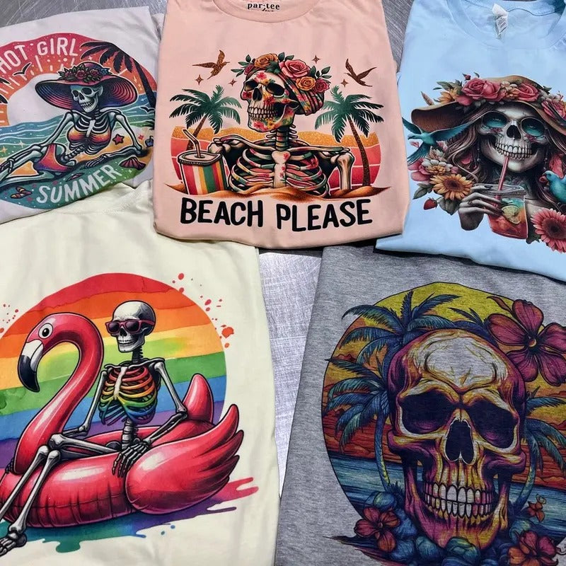 Beach Summer Skull Beach Skeleton Skull Floral Beach Please Skull Summer Vacation Rocker F T-Shirts, Hoodie, Sweatshirt