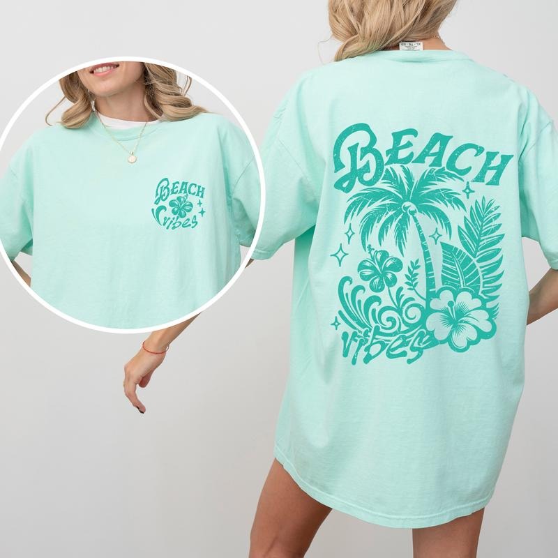 Beach Vibes, Flower, Blue, Summer, Front and Back, Retro, Hibiscus, Comfort Colors T-Shirt, Women's Comfort Colors Tee...