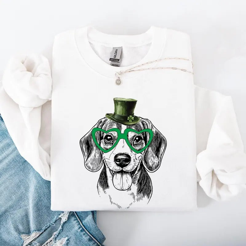 Beagle, Adorable Dog, St Patrick's Day, Lucky, Irish Sweatshirt, Crew Neck, Women's, Crewneck Shirt Hoodie