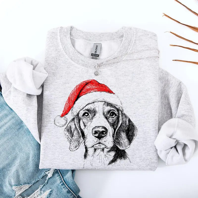 Beagle, Santa, Dog, Christmas, Dog Lover, Pet Sweatshirt, Crew Neck, Women's, Crewneck T-Shirts, Hoodie | PrintMintTees.com