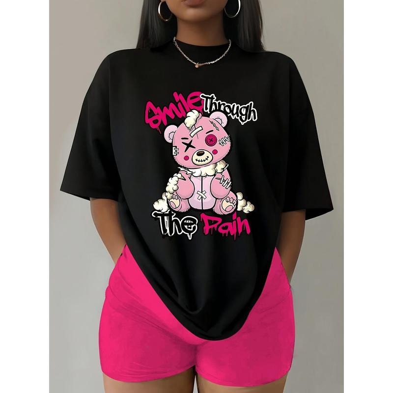 Bear Print Crew Neck T-Shirt, Casual Short Sleeve Top for Spring & Summer, Women's Clothing style 02 Hoodie Sweatshirt