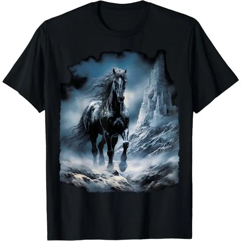 Beautiful black Horse running through the snow T-Shirt Made in USA Hoodie Sweatshirt | PrintMintTees.com