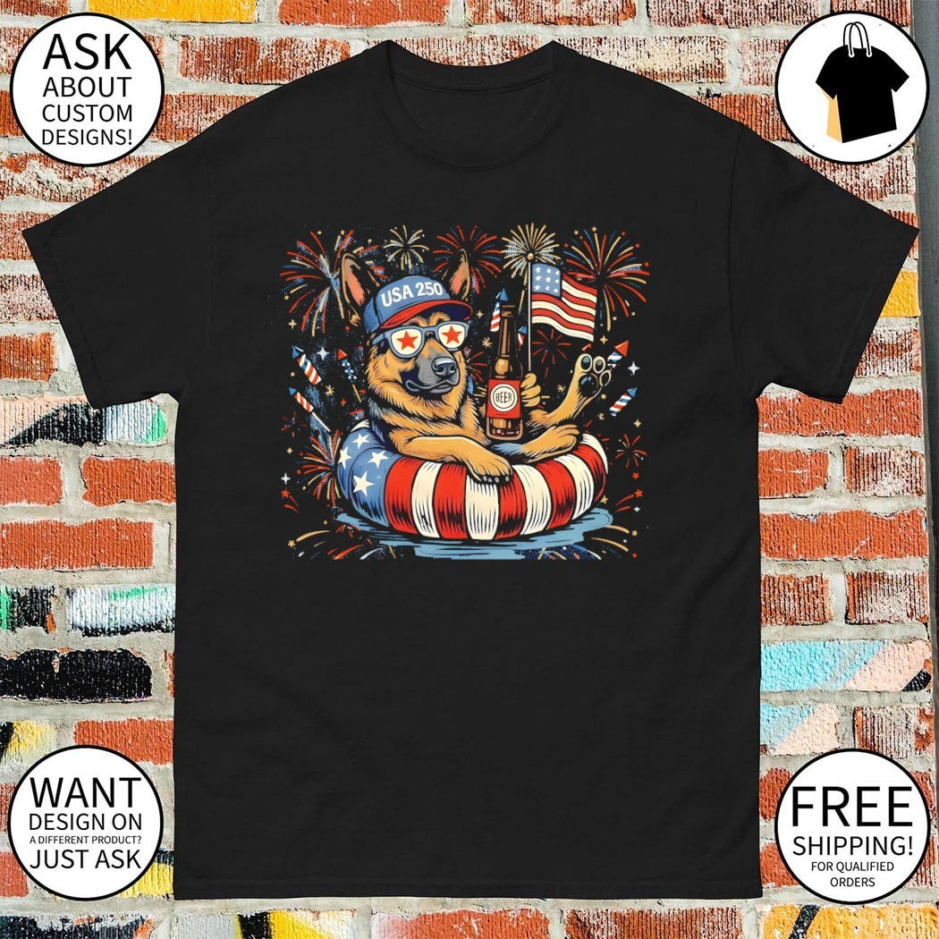 Becgie dog holding beer USA 250 firework American flag 4th of July shirt