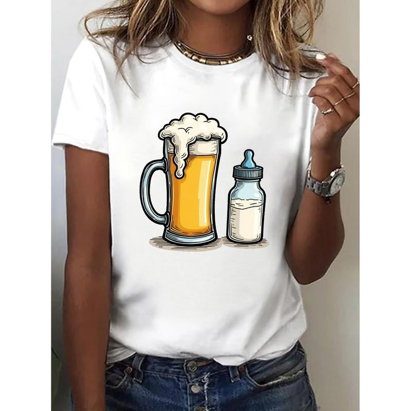 Beer Our first Father s Day Together print t-shirt, short sleeve crew neck casual top for summer & spring, Women's...