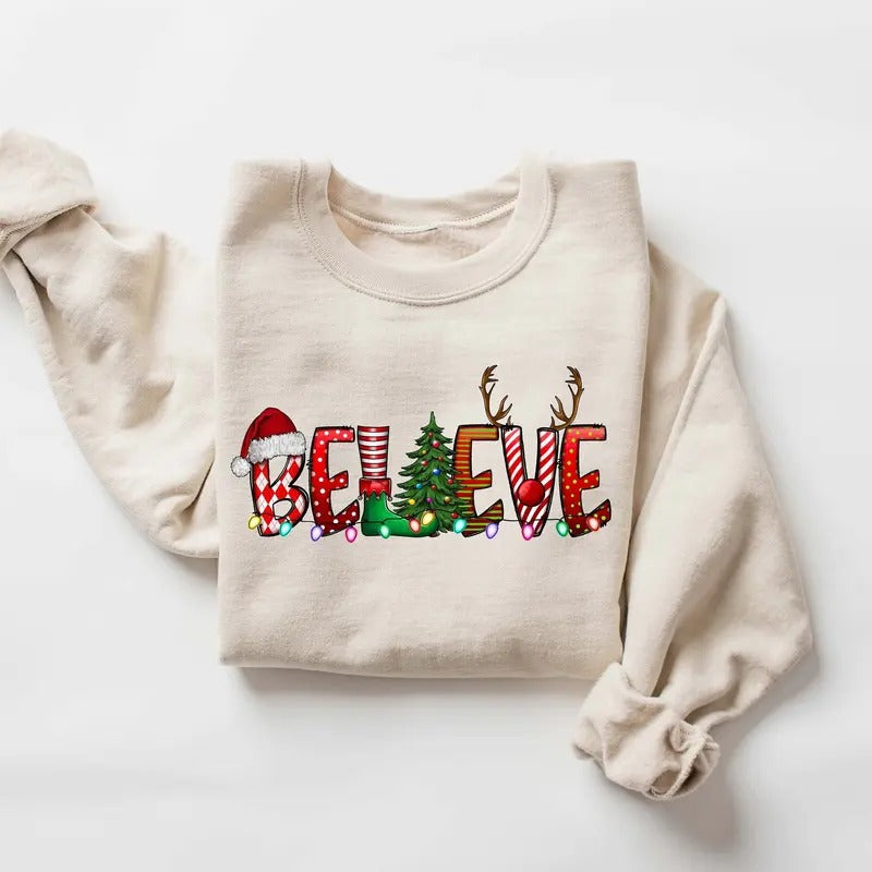 Believe Christmas Sweatshirt, Christmas Sweater, Christmas Tree Sweater, Christmas Lights Shirt, Winter Holiday Shirt,...