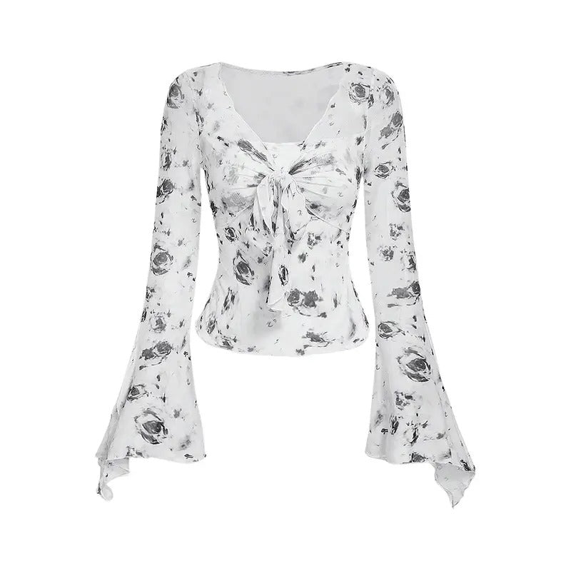 Bell Long Sleeve Floral Print Mesh Tie Front Lettuce Trim Tee Shirt Top Hoodie, Sweatshirt | PrintMintTees.com