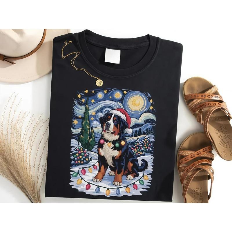Bernese MountainChristmas Shirt, Santa Tee, Xmas Van Gogh Style Starry Night Hoodie Sweatshirt | PrintMintTees.com