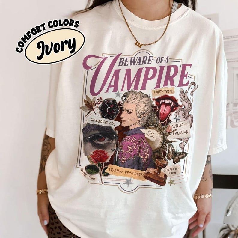 Beware Of A Vampire Comfort Colors Shirt, Funny Astarion Game Fan T Shirt, Astarion Dark Humor BG3 Apparel, High Elf Game...