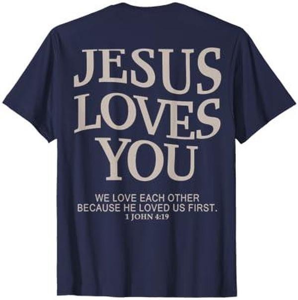 Bhgytec Jesus Loves You Christian T-Shirt - Blue, Small, Unisex-Adults, Short Sleeve, Crew Neck, Modern Classic, Letter...