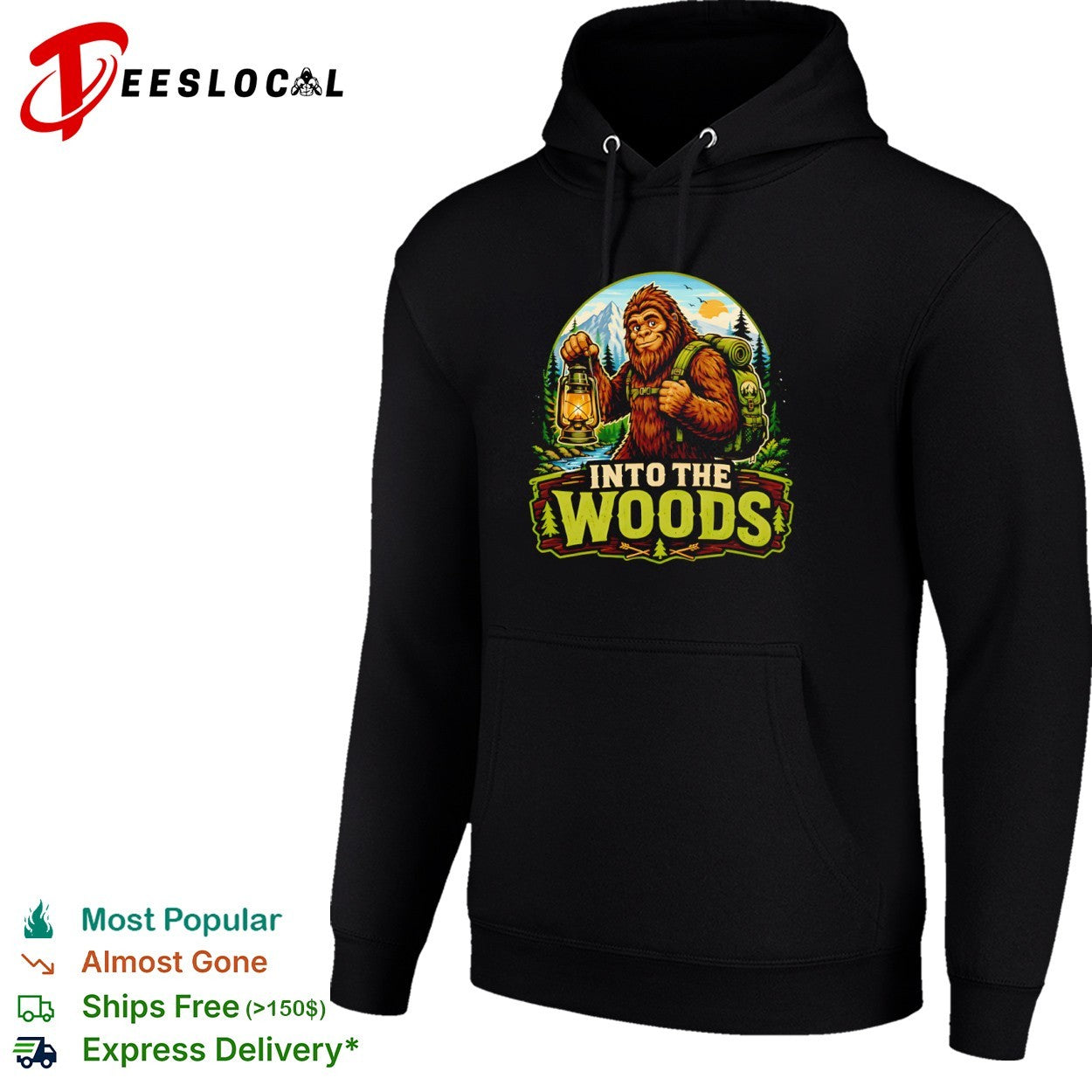 Bigfoot Into the Woods hiking lantern camping wilderness forest adventure shirt