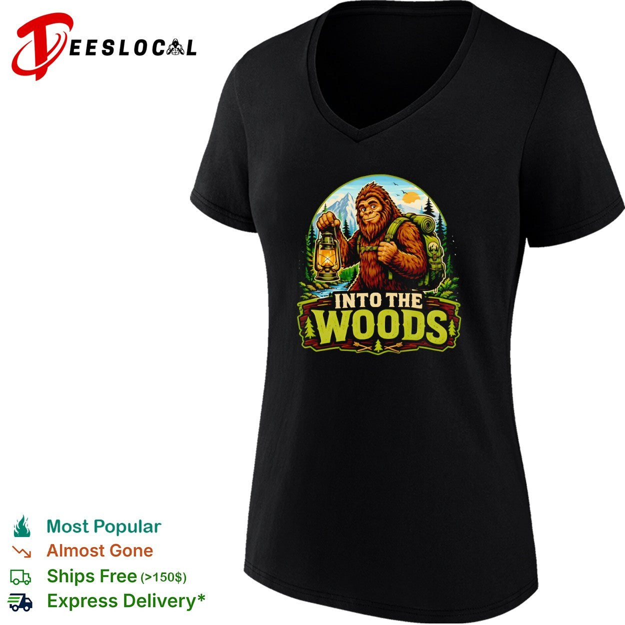 Bigfoot Into the Woods hiking lantern camping wilderness forest adventure shirt