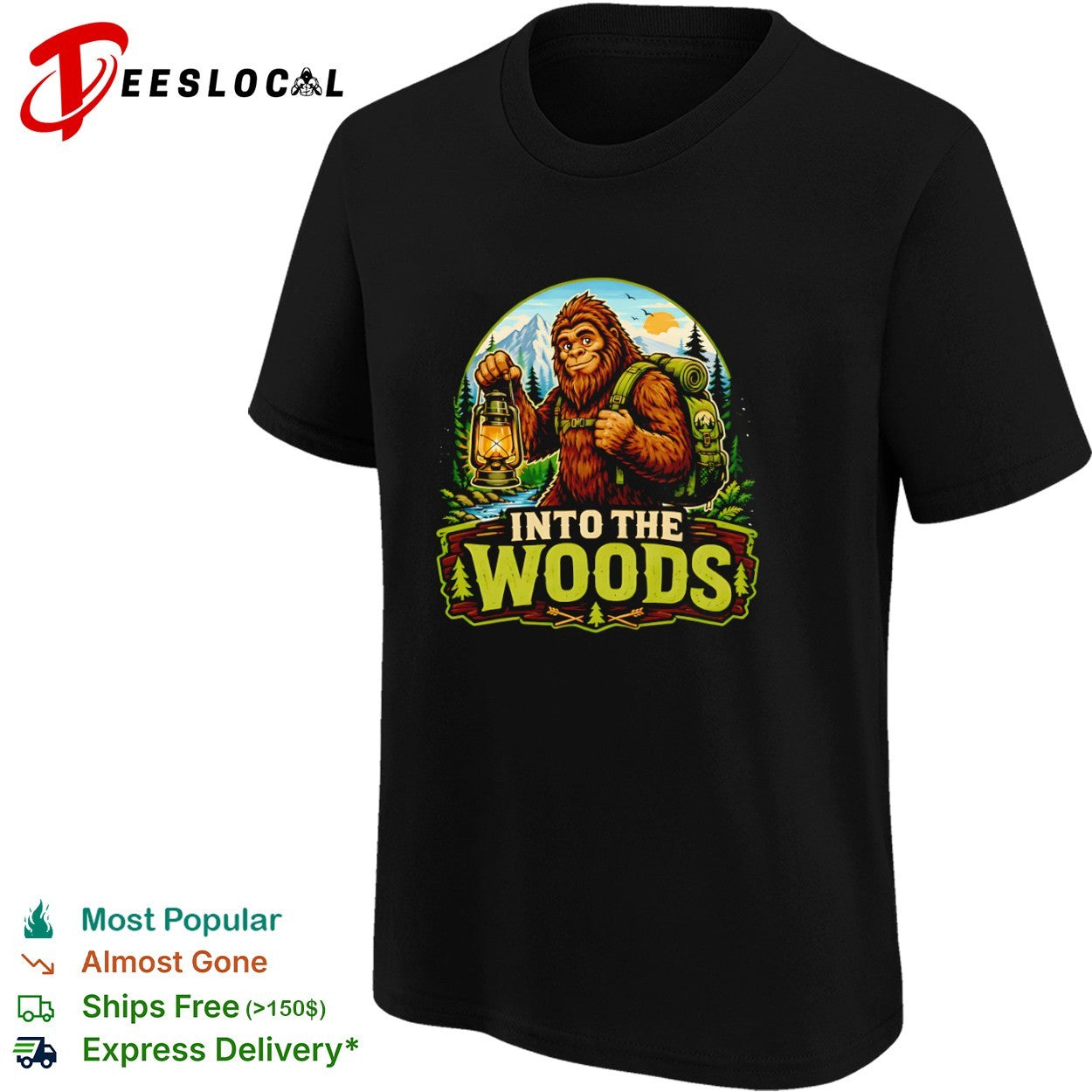 Bigfoot Into the Woods hiking lantern camping wilderness forest adventure shirt