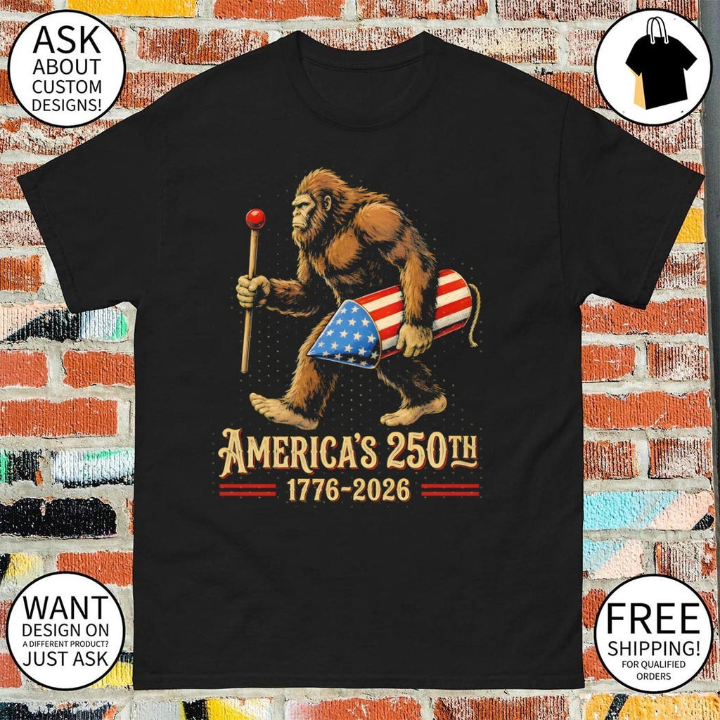 Bigfoot carrying patriotic rocket with America’s 250th 1776 2026 shirt