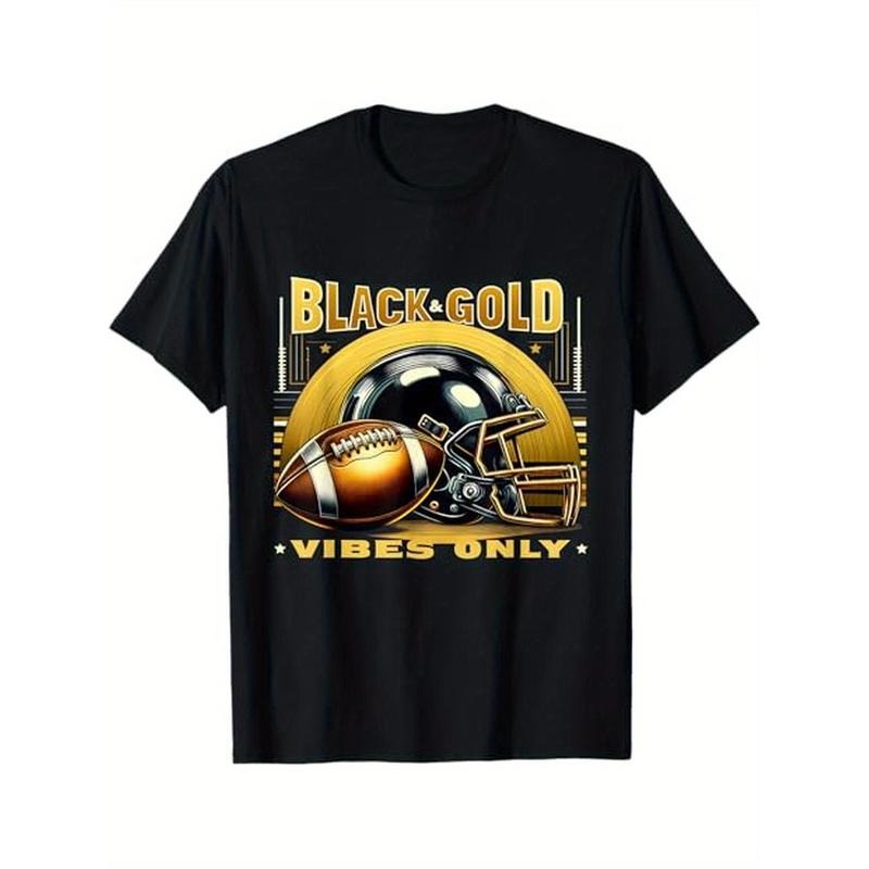 Black & Gold Vibes Only Game Day Funny Tournament Football T-Shirt, 100% Cotton, Halloween Thanksgiving Christmas Gift...