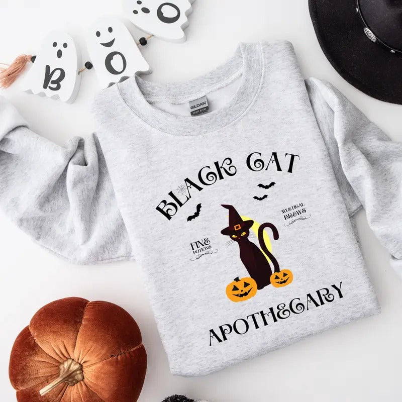 Black Cat Apothecary Halloween Sweatshirt, Halloween Spooky Black Cat Shirt , Halloween Spooky Tee, Halloween Fall...