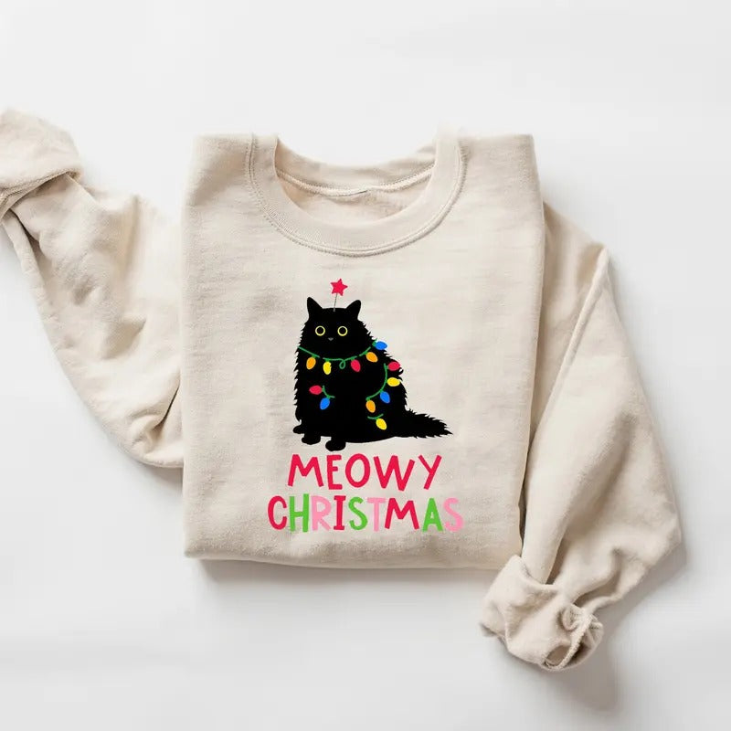 Black Cat Christmas Sweatshirt, Cat Christmas Sweatshirt, Cat Lover Xmas Shirt, Christmas Cat Mom Sweater, Catmas...