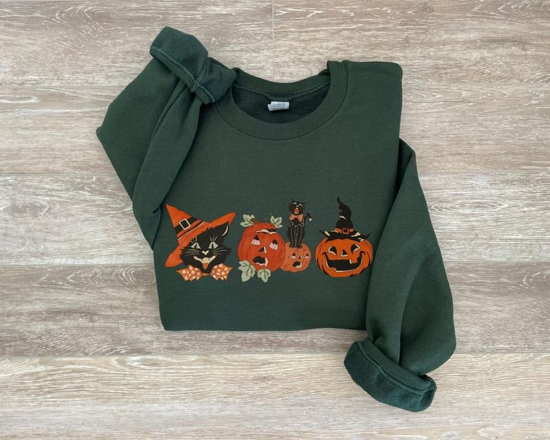 Black Cat Halloween Sweatshirt, Vintage Halloween Pumpkin Sweater, Halloween Cat Shirt, Cat Lover Shirt, Black Cat Shirt,...