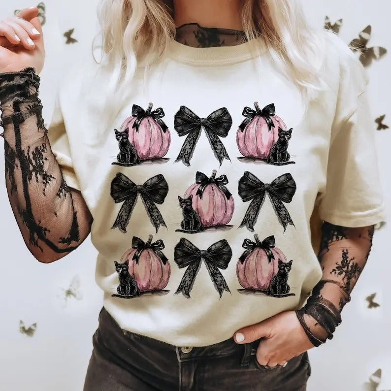 Black Cat Pumpkin Black bow Shirt, Ghots Cat Shirt, retro halloween Shirt, Gothic Shirt, black cat Shirt, Coquette Shirt,...
