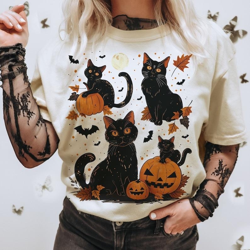 Black Cat Pumpkin shirt, Ghots Cat shirt, retro halloween shirt, Gothic shirt, black cat shirt, Fall shirt, Halloween cat...