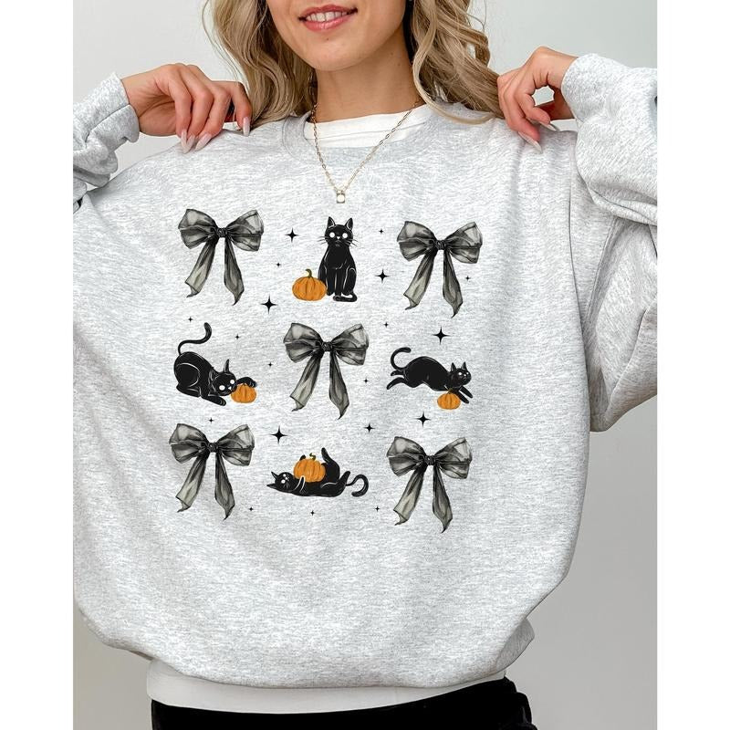 Black Cat, Coquette Ribbons and Bows, Halloween, Cute, Girly, Autumn, Fall Sweatshirt T-Shirts, Hoodie | PrintMintTees.com