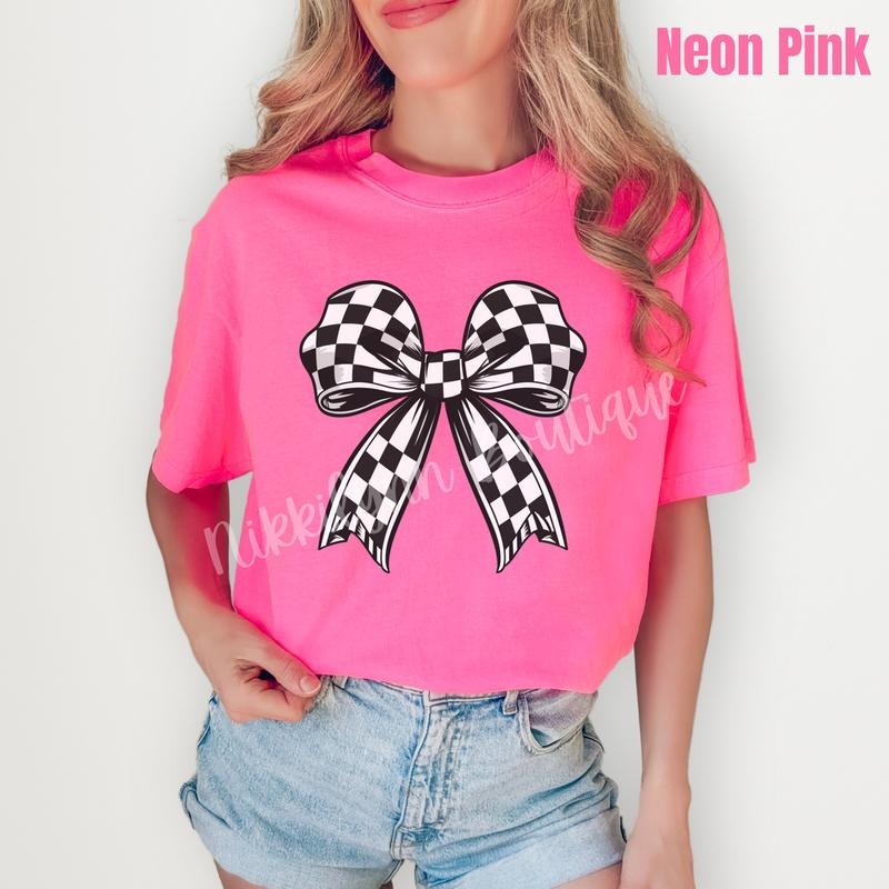 Black Checkered Bow Comfort Colors T-Shirt 'NLB' Hoodie, Sweatshirt | PrintMintTees.com