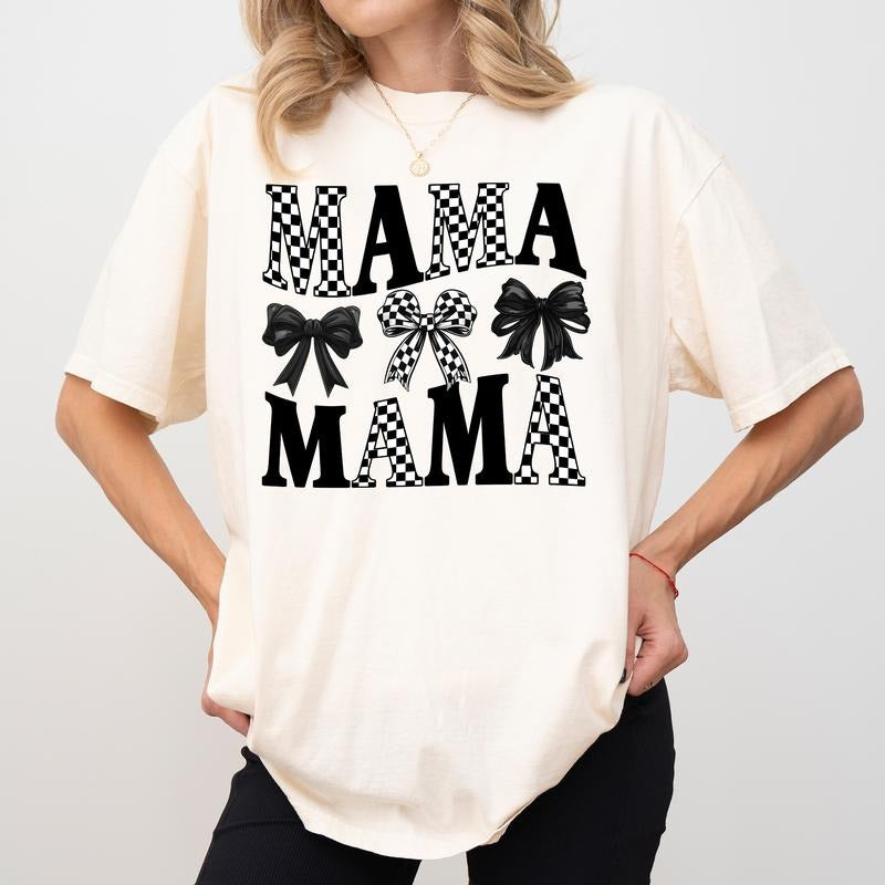 Black Coquette Bow Mama Comfort Colors Shirt, Checkered Mama T-shirt, Checkered Lover Graphic Tee, Black Coquette Mom...