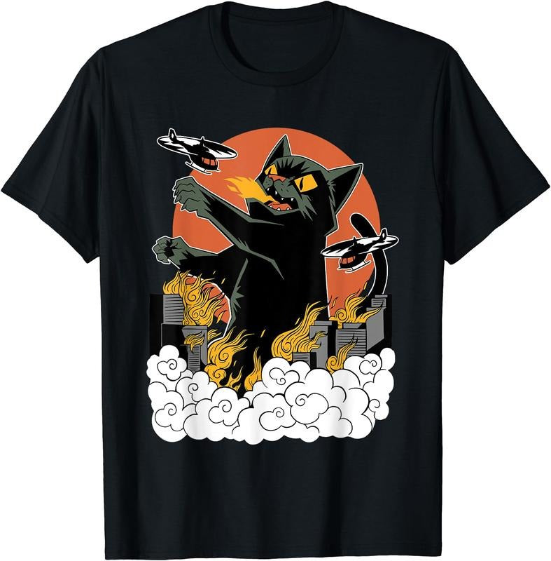 Black Japanese Catzilla Sunset & Cotton Shirt Hoodie Sweatshirt