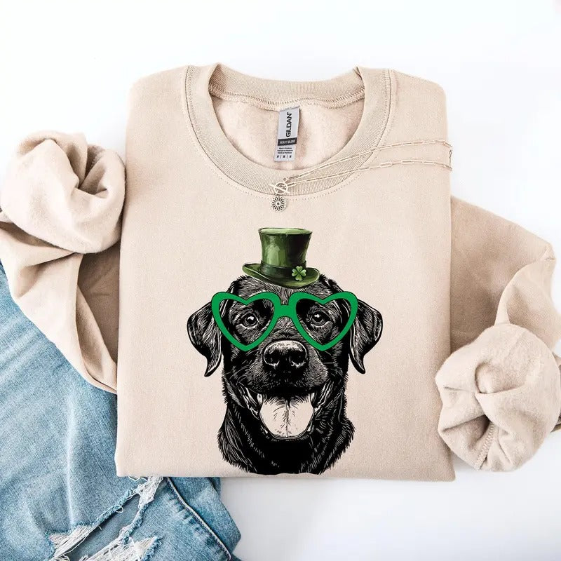 Black Lab Labrador Adorable Dog St Patrick'S Day Lucky Irish Crew Neck Shirt Hoodie Sweatshirt