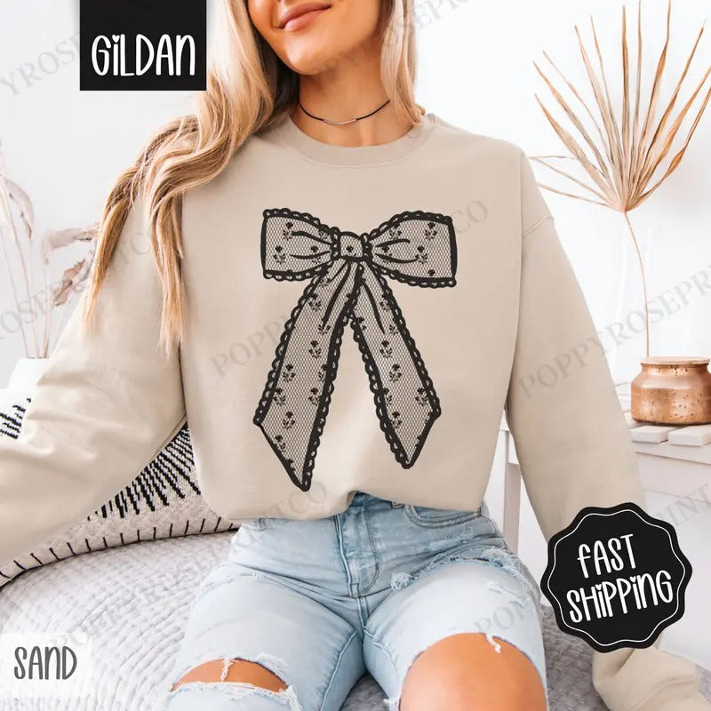 Black Lace Bow Sweatshirt, Women's Crewneck, Cute Black Bow Women's Sweater Shirt Hoodie | PrintMintTees.com
