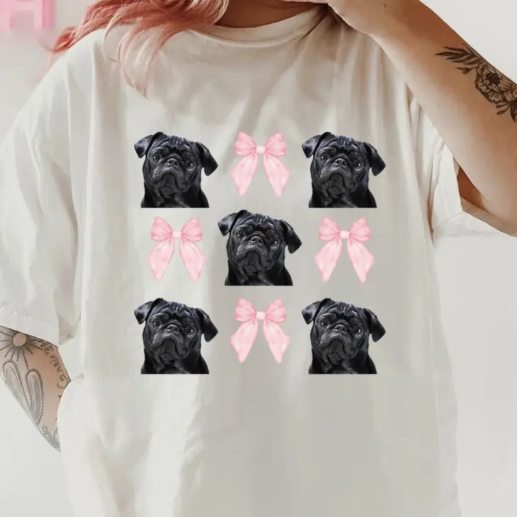 Black Pug with bows Shirt ~ Unisex Apparel Relaxed Fit Printed In The USA Clothing Womenswear Casual Comfort Cotton Top...