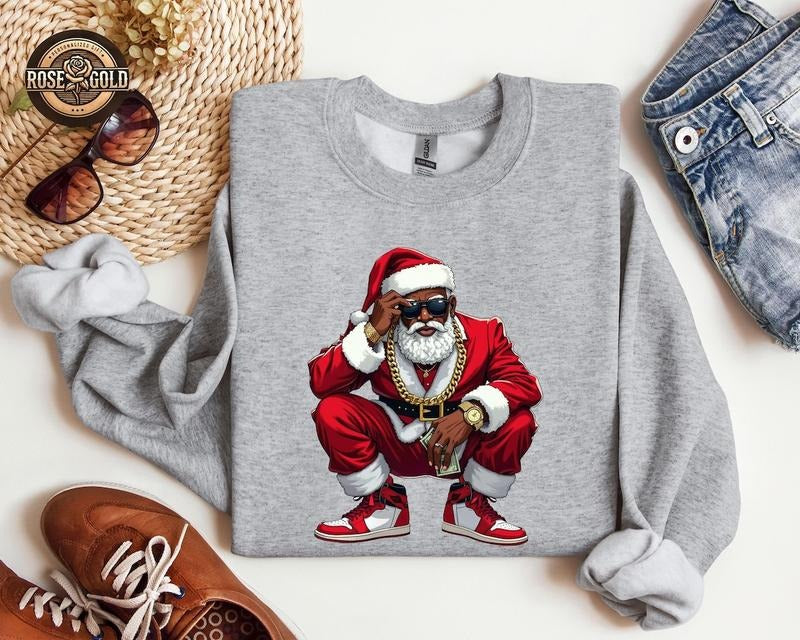 Black Santa Christmas Crewneck Sweatshirt, Hip Hop Santa African American Xmas Sweater, Gifts for Him Shirt Hoodie