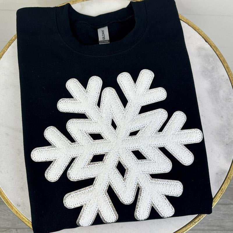 Black Snowflake Sequin Patch Gildan Sweatshirt T-Shirts, Hoodie | PrintMintTees.com