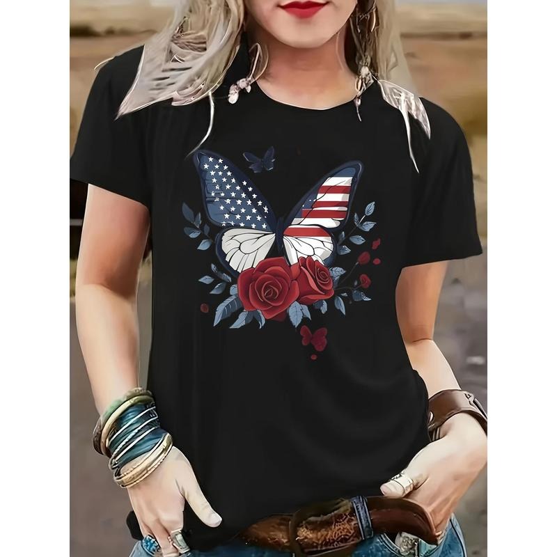 Black T-shirt for Women's clothing USAflaginspired Eagle Graphic Printed T shirt high quality Casual short sleeves round...