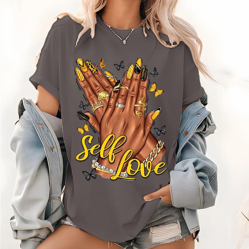 Black WomEn Self Love Nails Print T Shirt, Self Love Yellow And Black Nails Tops,Afro Woman Hands Graphic Shirt style 02...