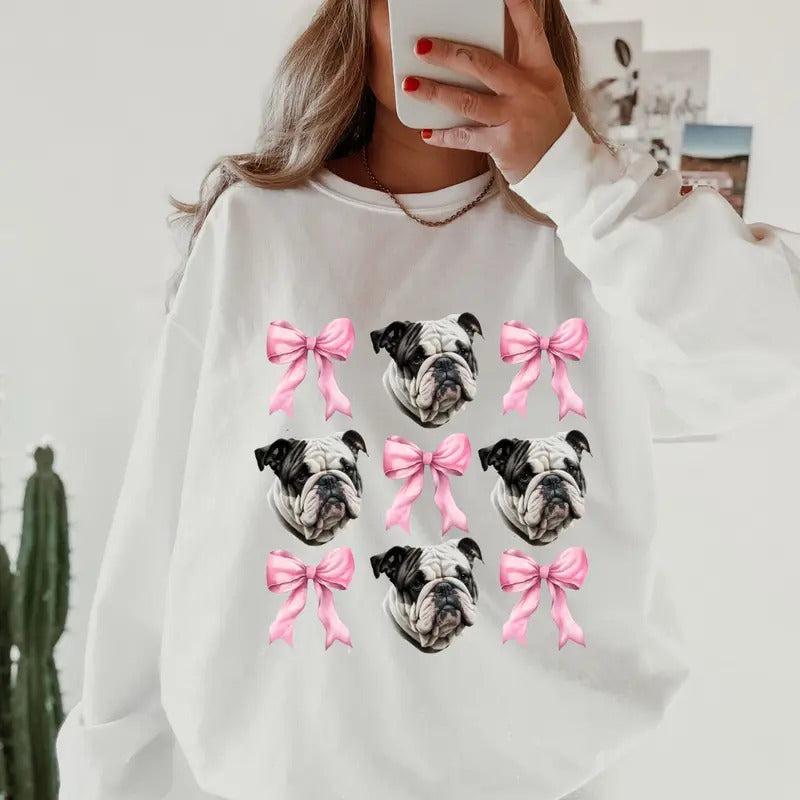 Black and White English Bulldog with bows Sweatshirt ~ Sweatshirt Unisex Apparel Relaxed Fit Printed in the USA Clothing...