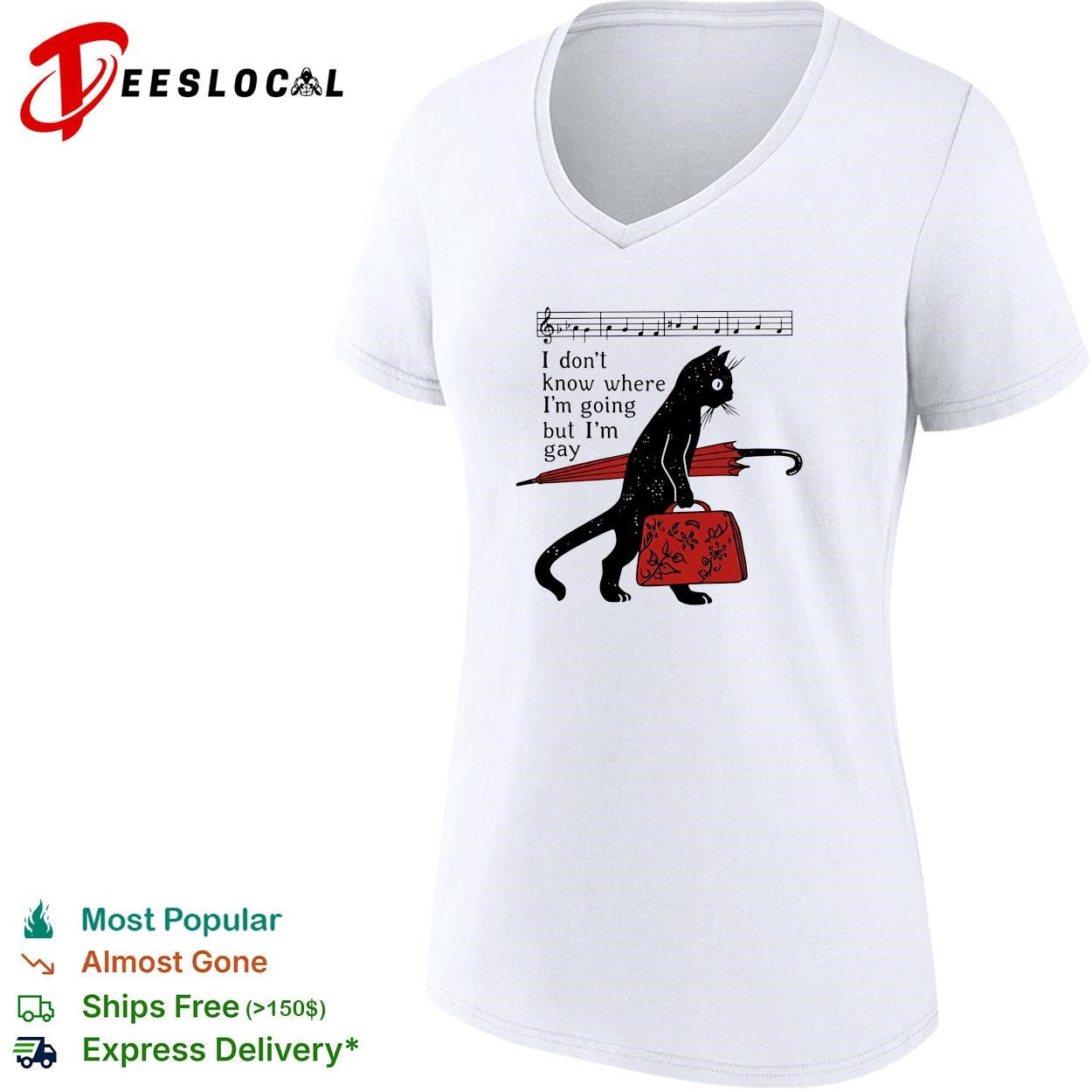 Black cat holding red umbrella and backpack I don’t know where I’m going but I’m gay shirt