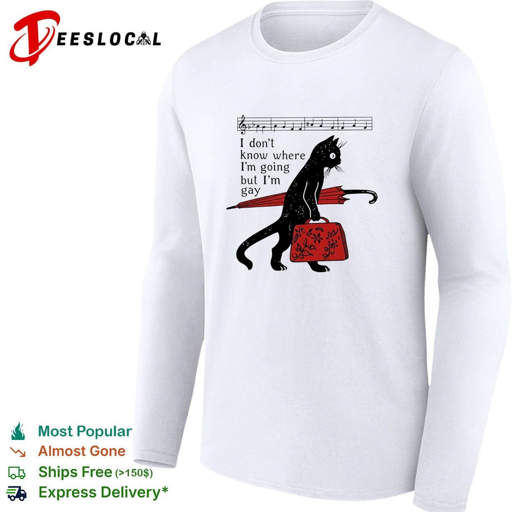 Black cat holding red umbrella and backpack I don’t know where I’m going but I’m gay shirt
