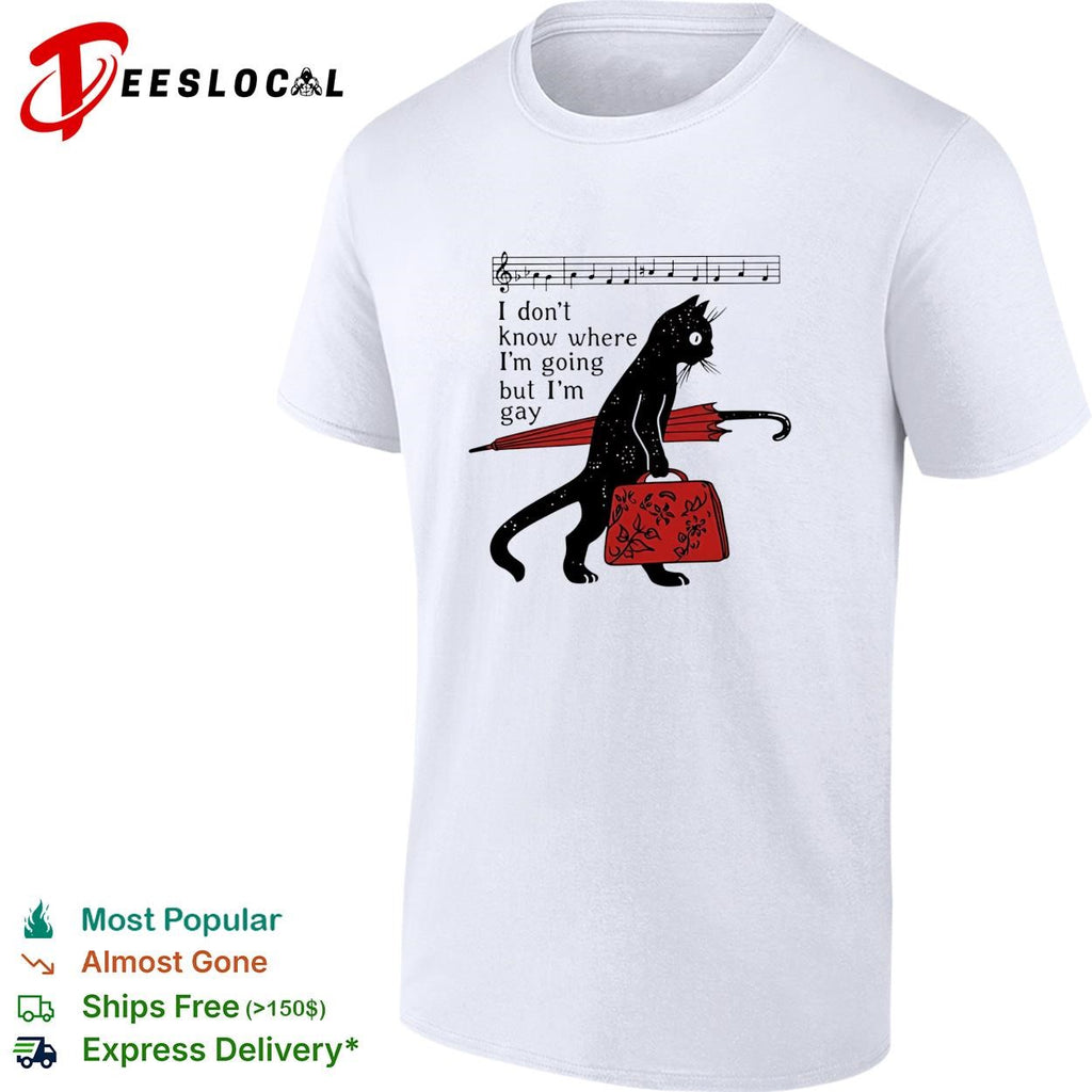 Black cat holding red umbrella and backpack I don’t know where I’m going but I’m gay shirt