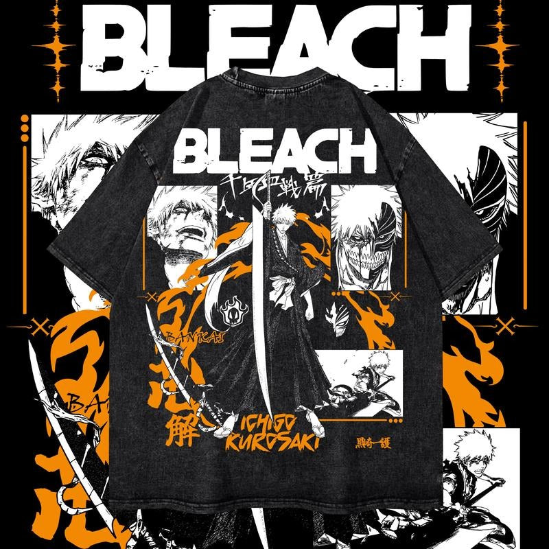 Bleach Anime Vintage Oversized Washed Tee, Ichigo Kurosaki Unisex Heavy Cotton T-Shirt, Special Graphic Design, Classic...