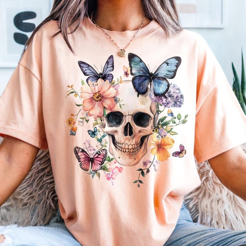Blue Butterfly Floral Skull Watercolor Skeleton Flower Rocker Casual Butterfly Top Shirt Hoodie Sweatshirt