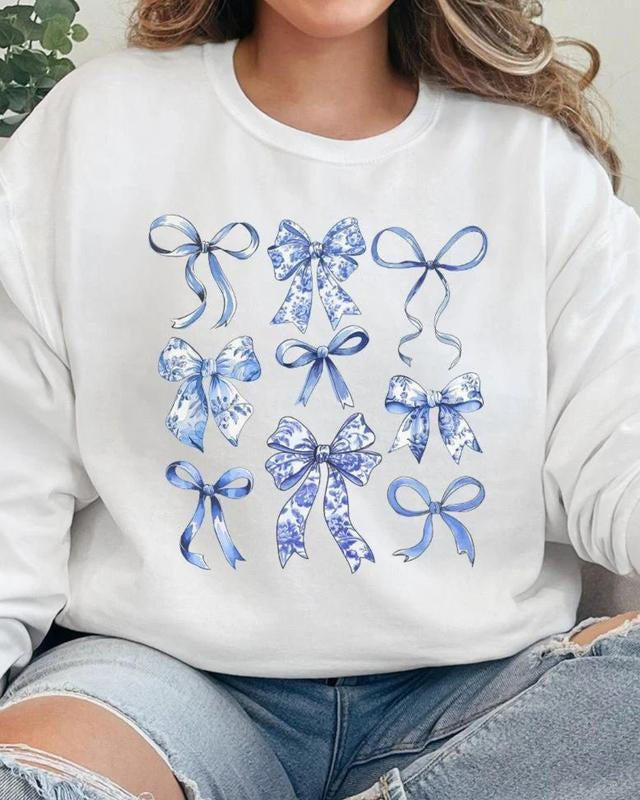 Blue Chinoiserie Bows Unisex NuBlend Crew Sweatshirt GIRLY BOWS Shirt Hoodie | PrintMintTees.com