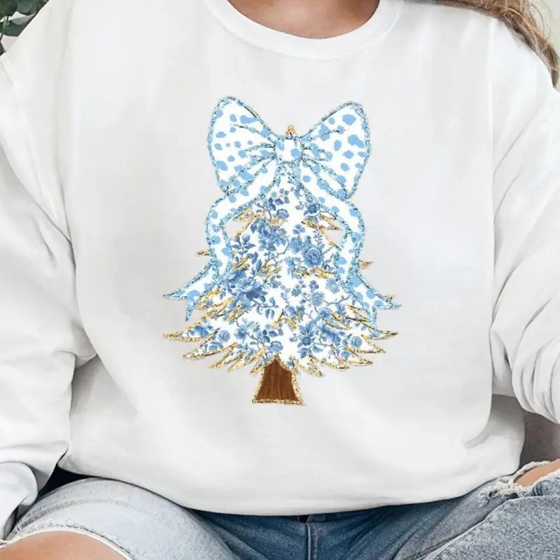 Blue Chinoiserie Tree Unisex NuBlend Crew Sweatshirt CHRISTMAS 2024 Chinoiserie Preppy Christmas Shirt Hoodie
