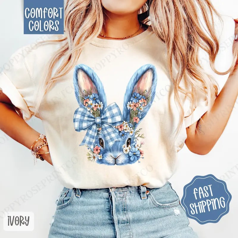 Blue Floral Bunny Shirt Comfort Colors, Easter Tshirt, Trendy Bunny Women's Tee, Gift for Her Hoodie, Sweatshirt